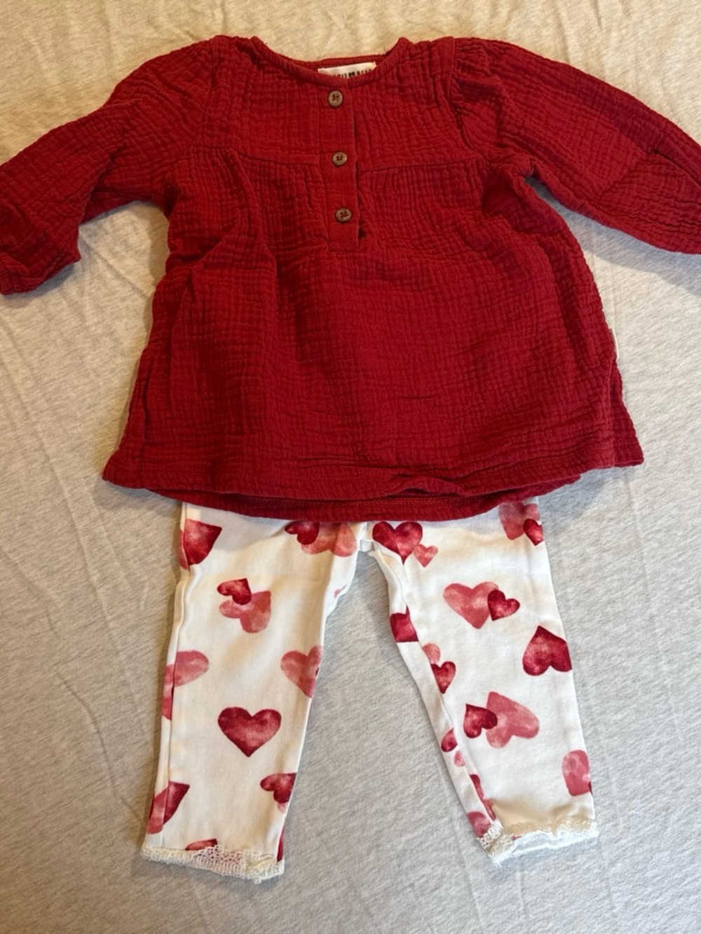 Rabbit + Bear 100% Cotton - Red Tunic & Heart-Print Leggings Kids Set